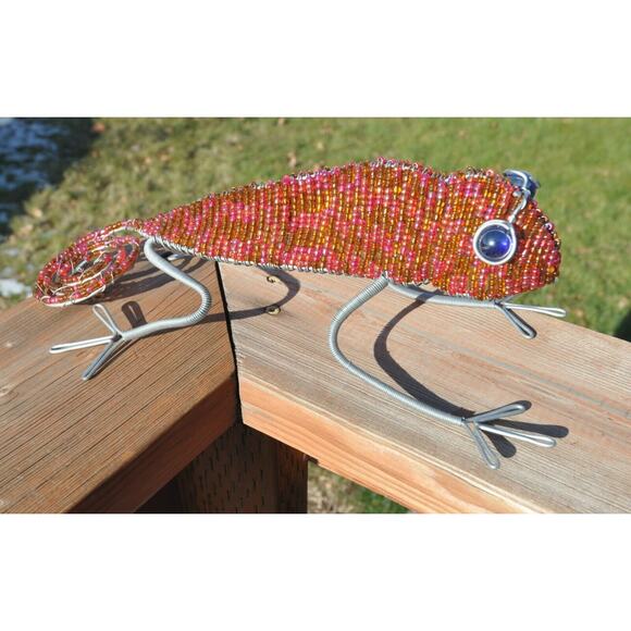 Beaded Wire Lizard w/ Marble Eyes 12.25" L x 6.5" W x 4.5" H African Folk Art - Picture 2 of 4